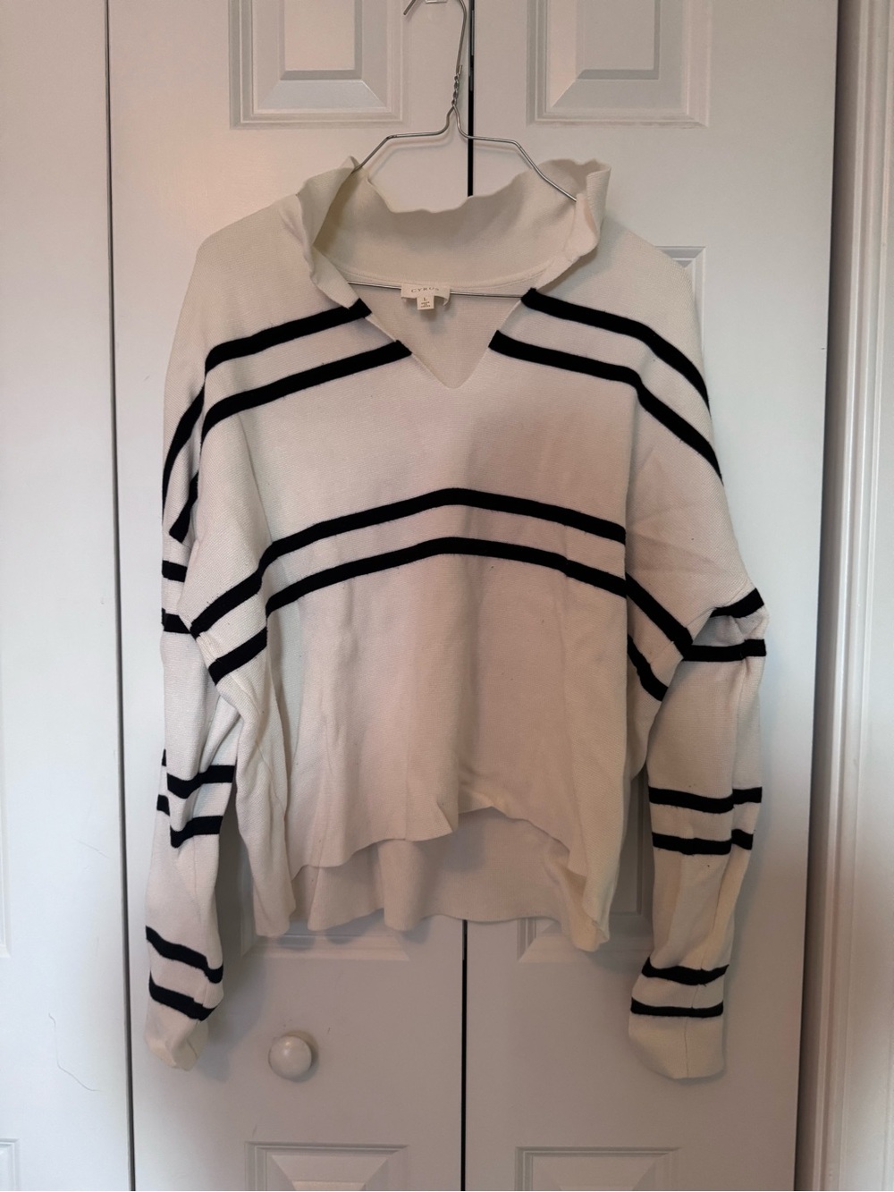 Cyrus White Pullover Sweater with Black Stripes